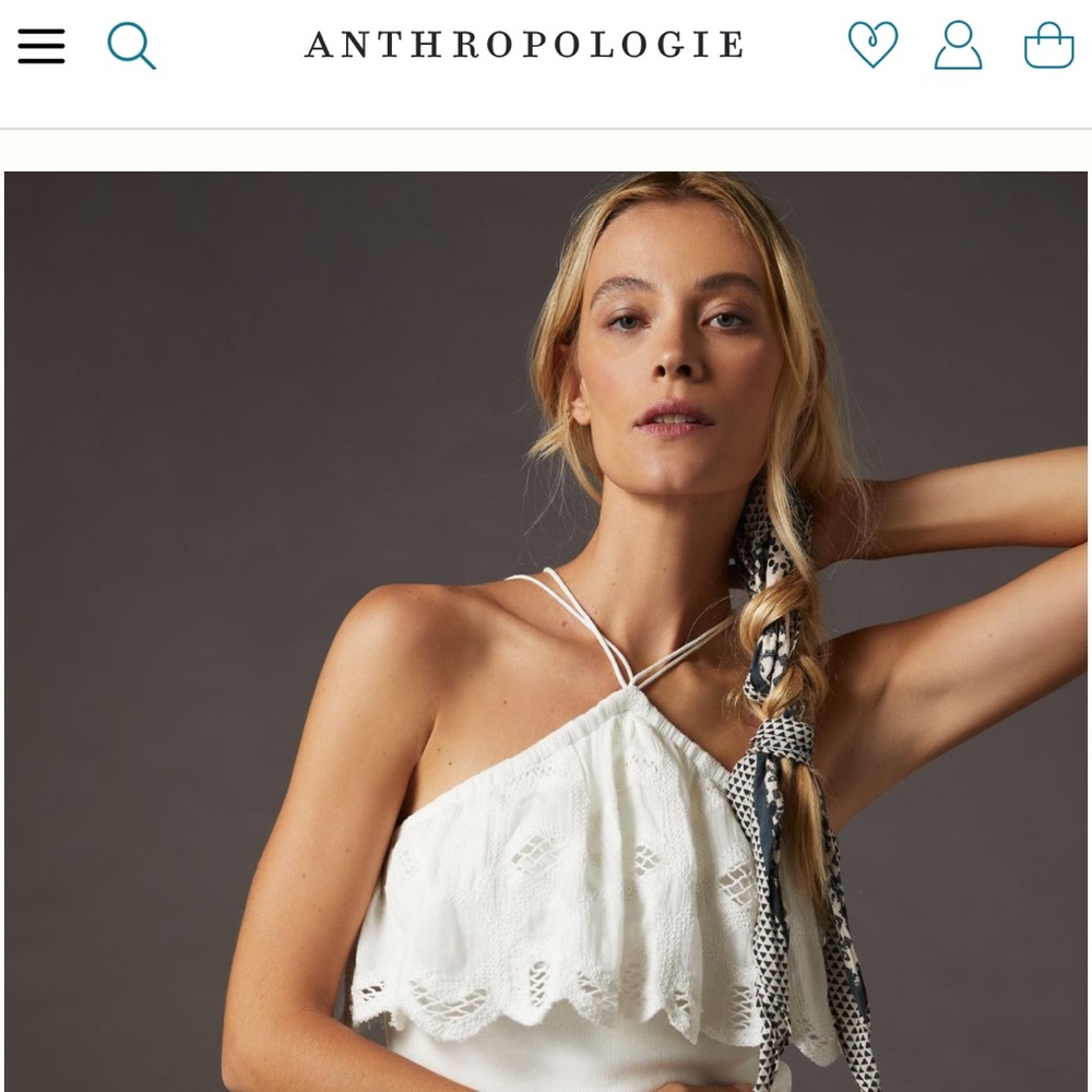 Anthropologie Ruffled Halter Tie Back Tank in White Lace Anglaise Adjustable Sm